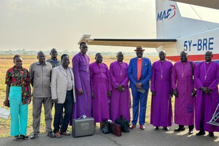 Bishops from the Episcopal Church of South Sudan prepare to board the MAF Plane 